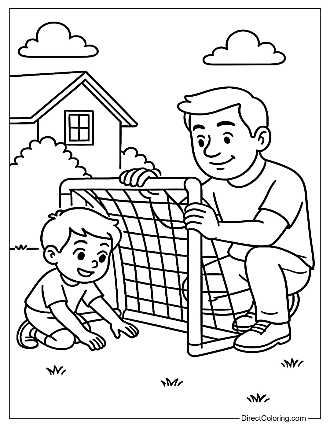 Coloring page of a little girl and her dad setting up a mini goal in the yard.